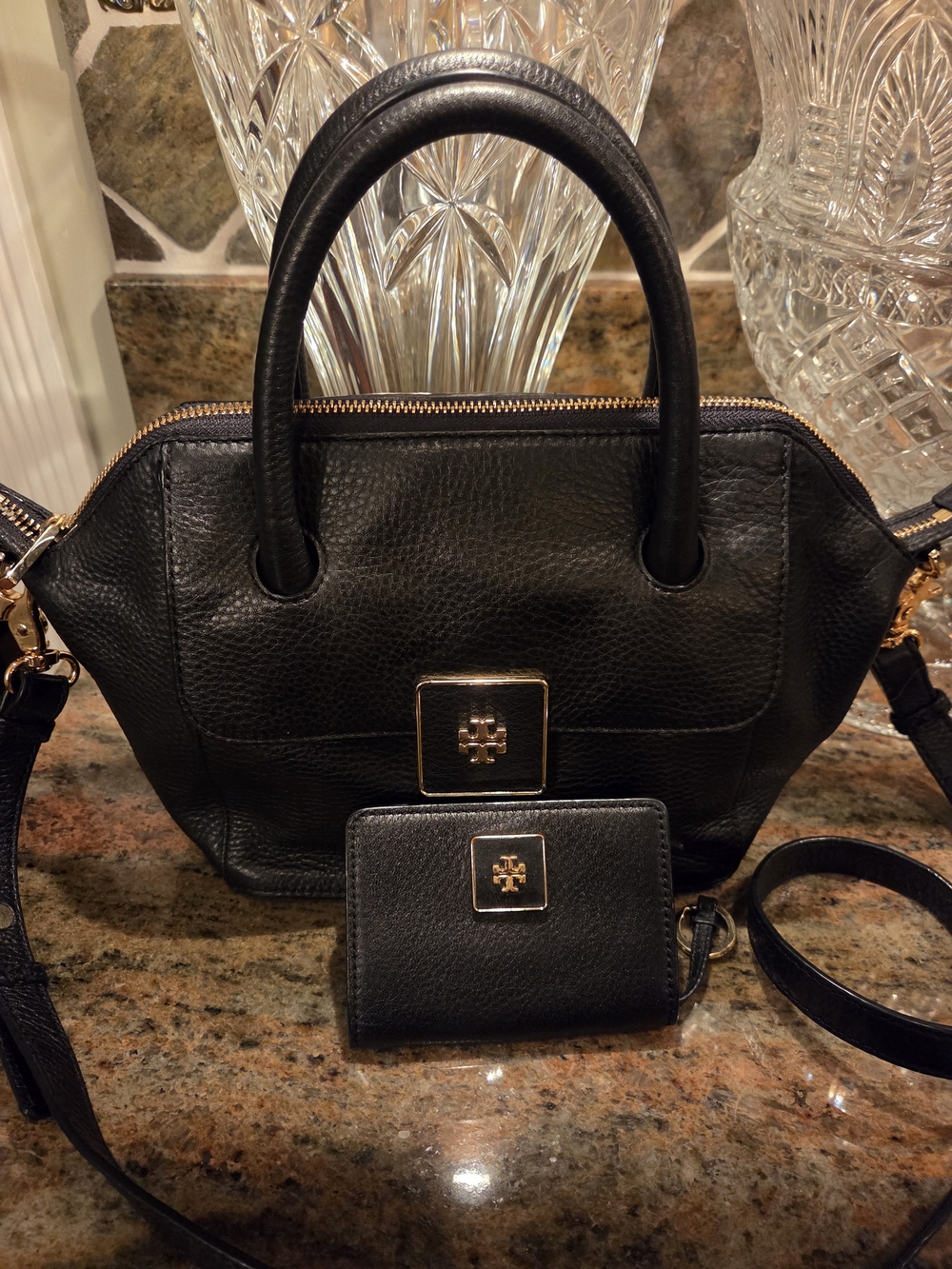 Tory Burch Black Pebbled Leather Satchel and Matching Wallet